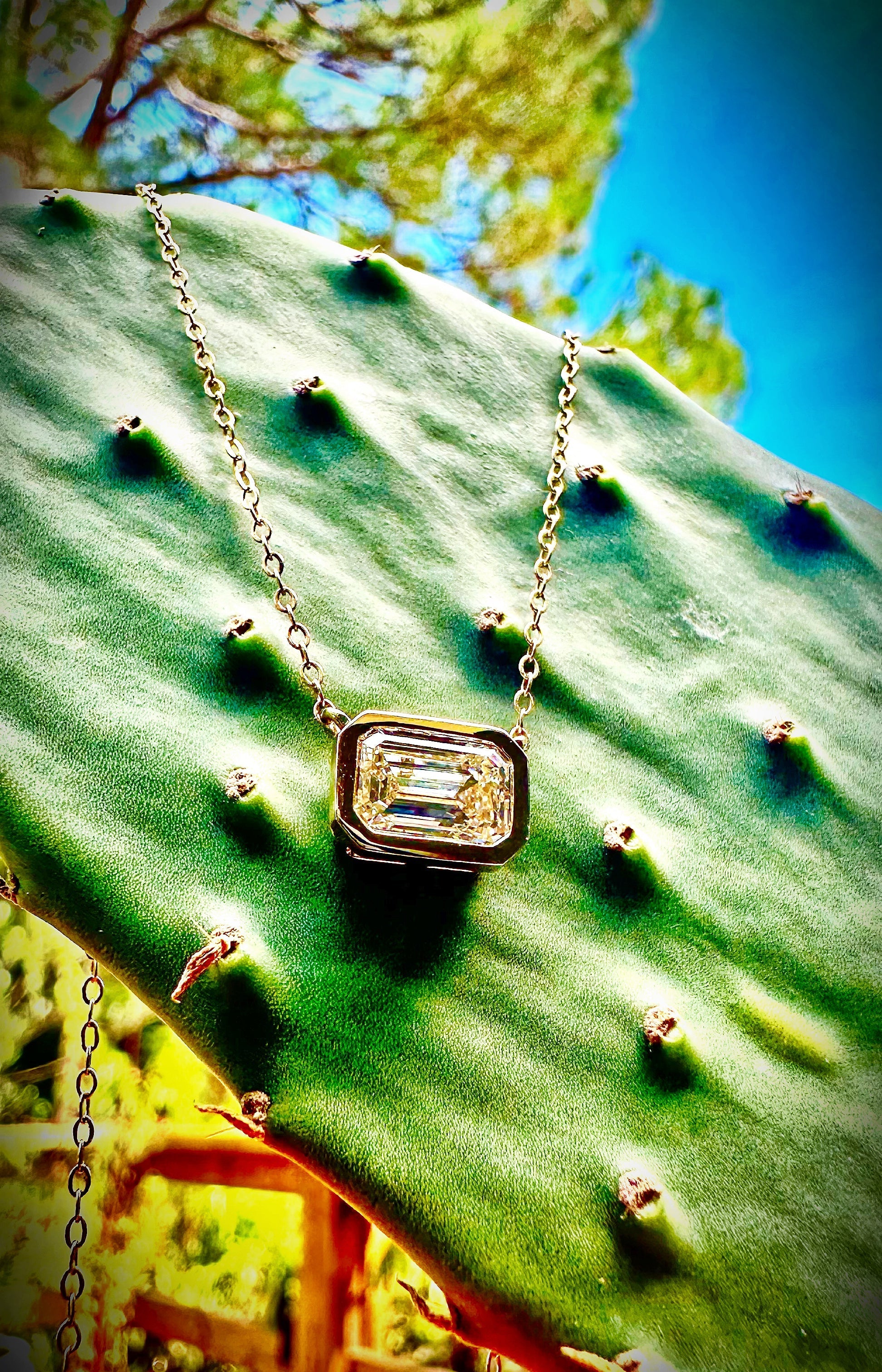 East West Emerald Diamond Pendant