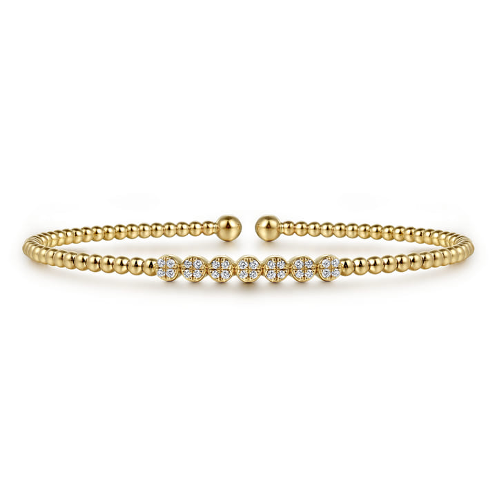 Pre-owned | 14K Yellow Gold Bujukan Bead and Cluster Diamond Bangle