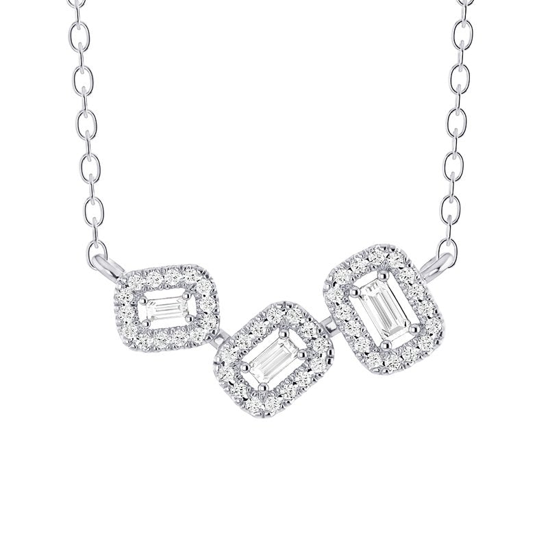 0.22 Carat Emerald Cut Diamond Halo Necklace in 14K White Gold