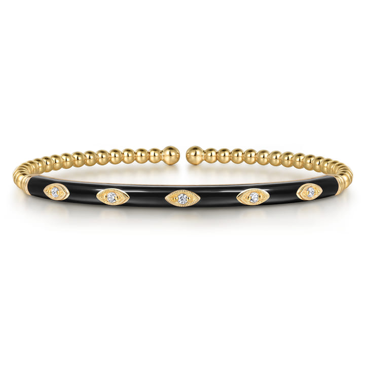 Pre-owned | Enamel - 14K Yellow Gold Bujukan Beads and Diamond Split Bangle with Black Enamel