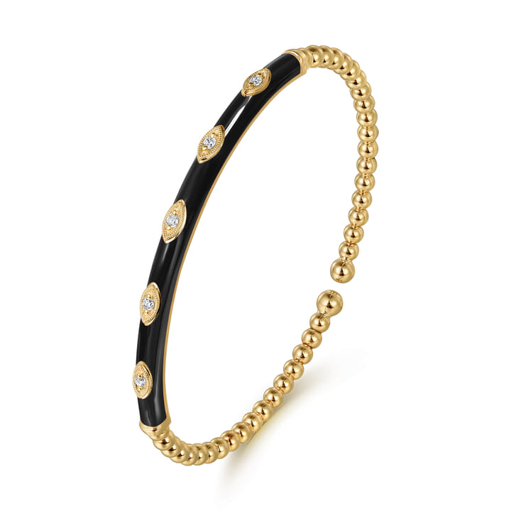 Pre-owned | Enamel - 14K Yellow Gold Bujukan Beads and Diamond Split Bangle with Black Enamel