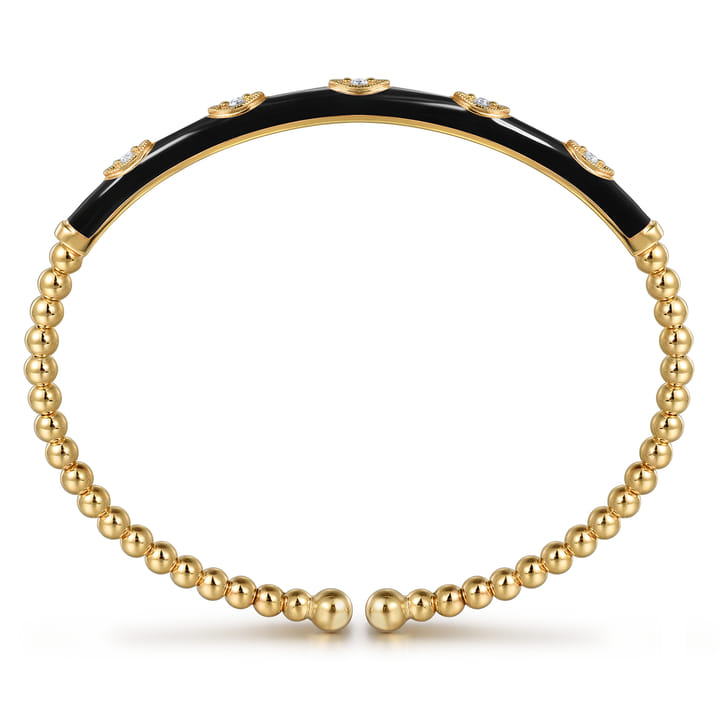 Pre-owned | Enamel - 14K Yellow Gold Bujukan Beads and Diamond Split Bangle with Black Enamel