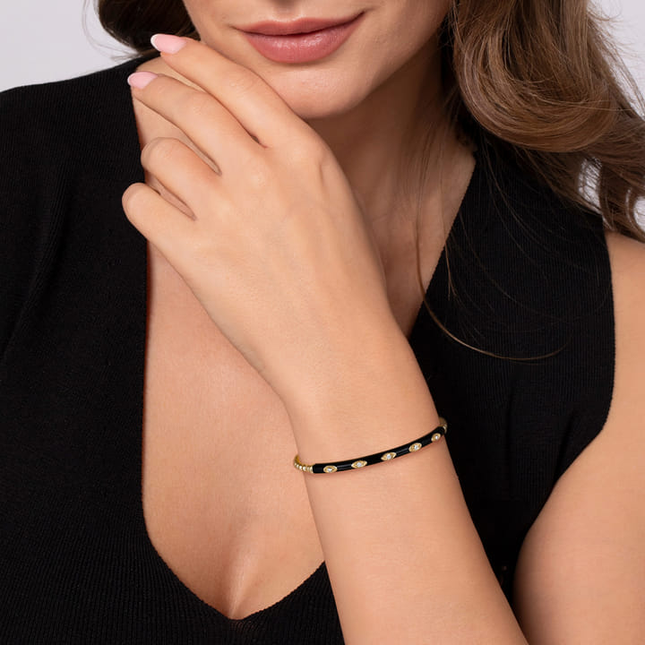 Pre-owned | Enamel - 14K Yellow Gold Bujukan Beads and Diamond Split Bangle with Black Enamel