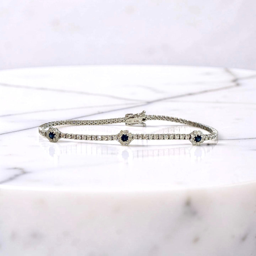 14KW Gold Sapphire and Diamond Flower Tennis Bracelet