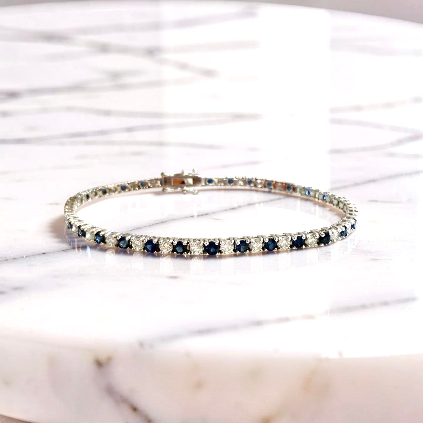 14K White Gold Sapphire and Diamond Bracelet 7''
