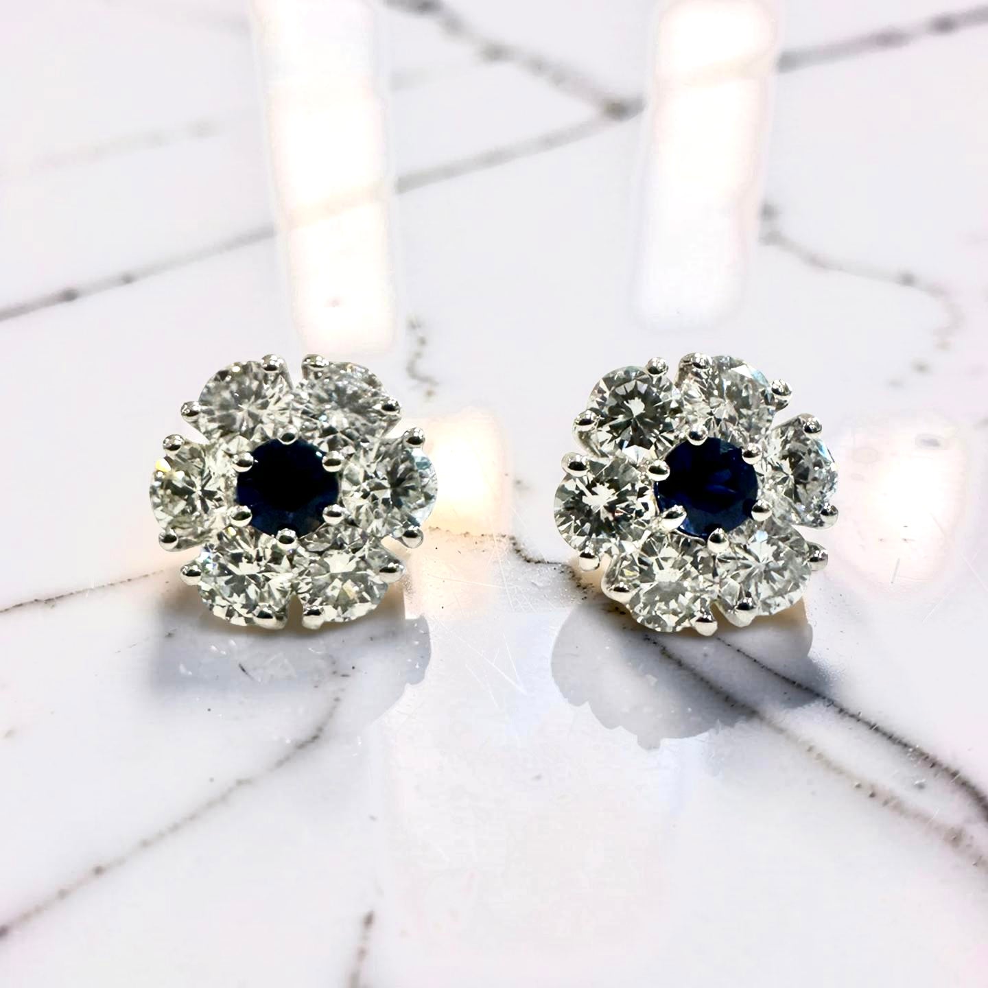 14KW Gold Sapphire & Diamond Flower Stud Earrings