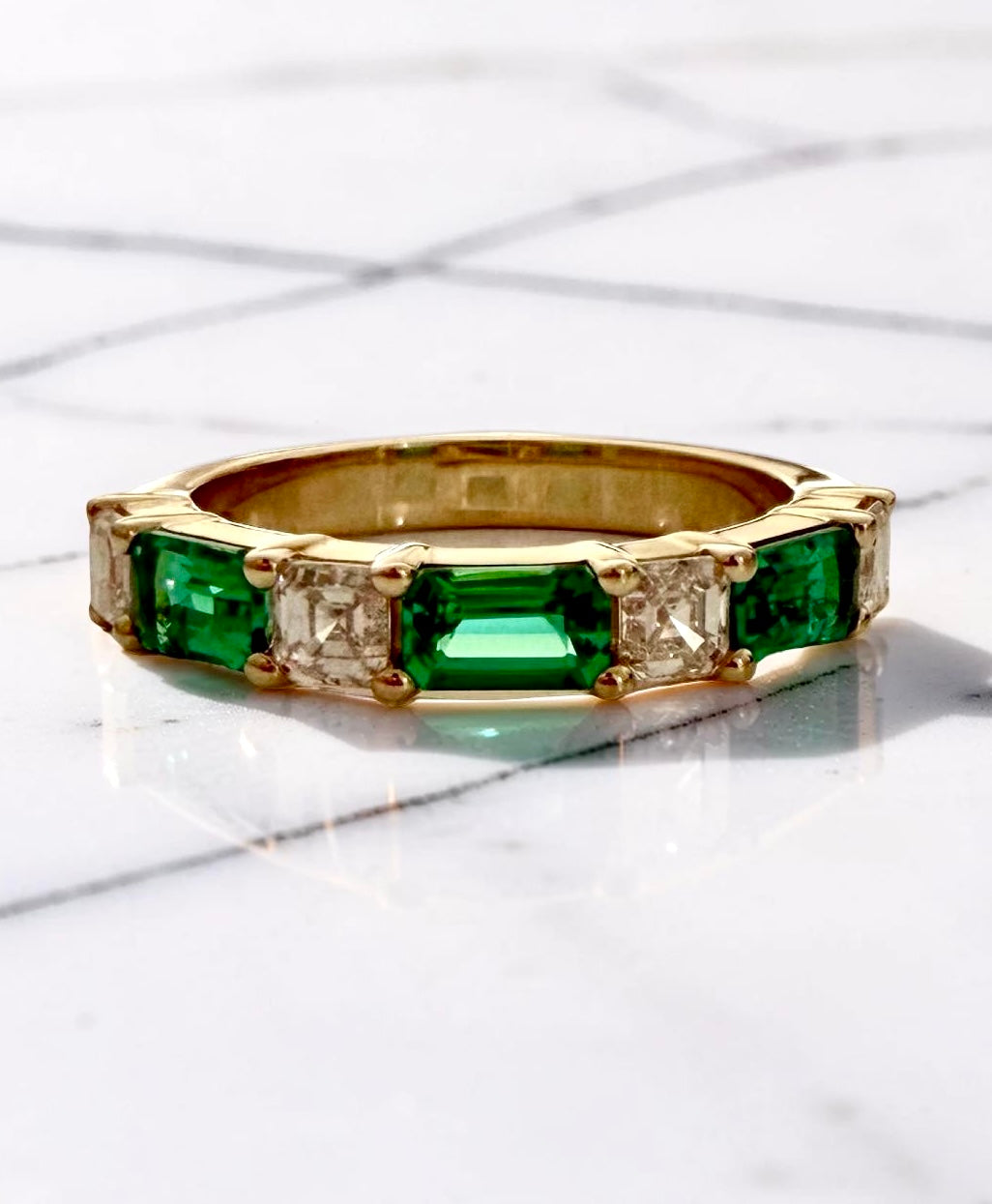 Lab Grown Emerald & Asscher Cut Diamond Band Ring in 14K Yellow Gold