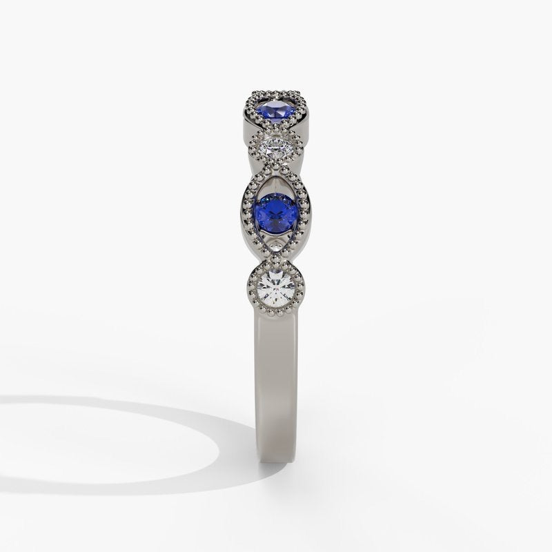 Milgrain Marquise Round Diamond Band Blue Sapphire