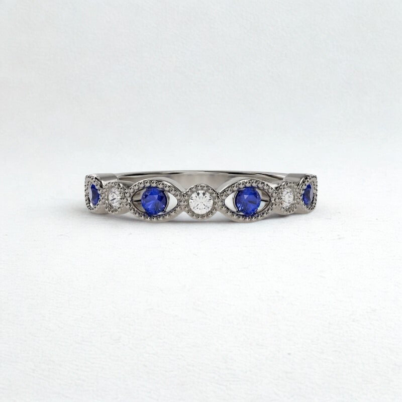 Milgrain Marquise Round Diamond Band Blue Sapphire