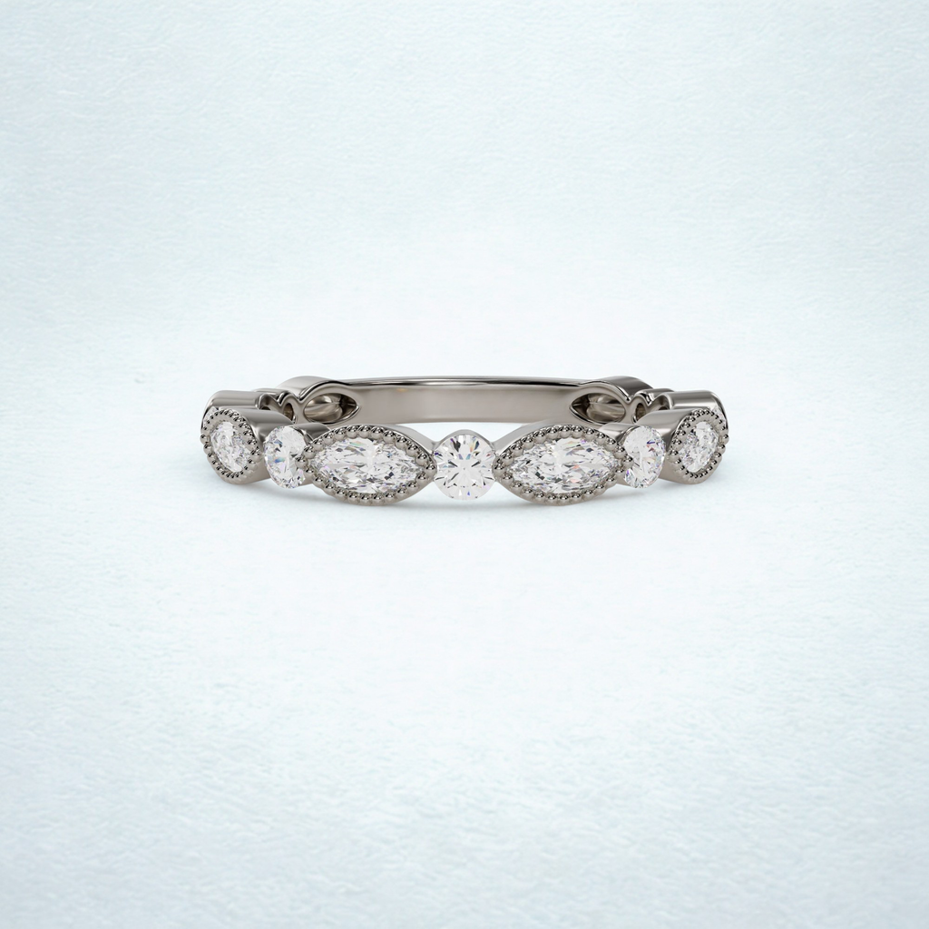 Milgrain Marquise and Round Diamond Stackable 14KW Wedding Band
