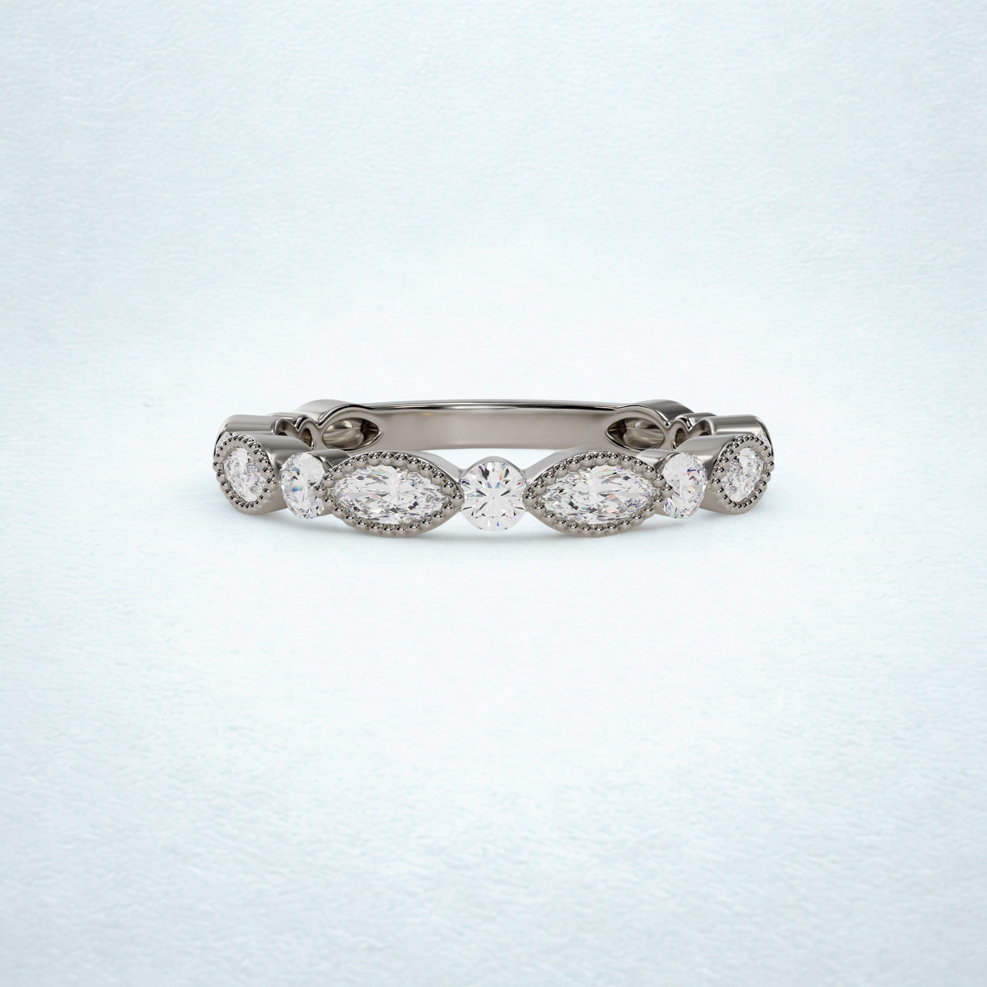 Milgrain Marquise and Round Diamond Stackable 14KW Wedding Band
