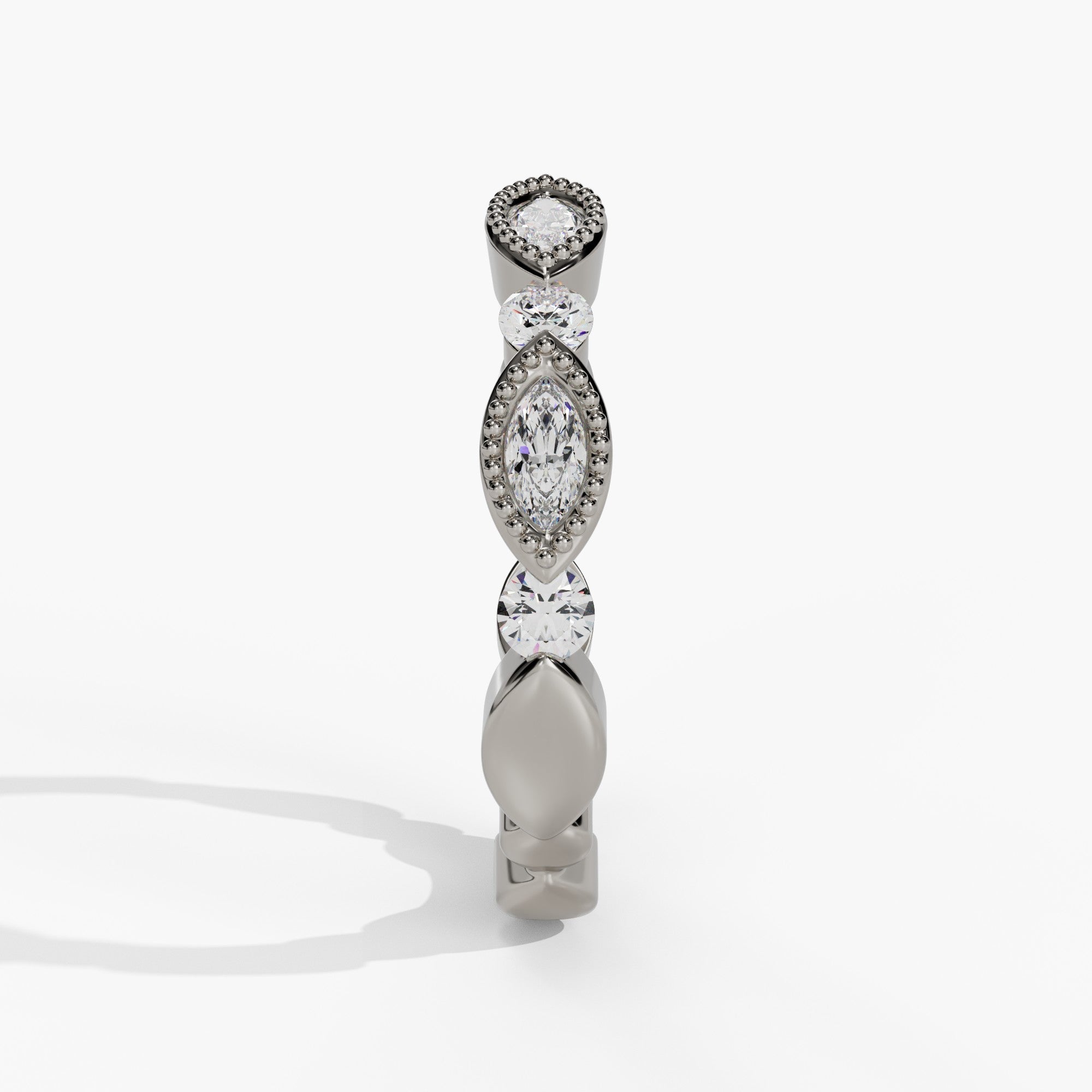 Milgrain Marquise and Round Diamond Stackable 14KW Wedding Band