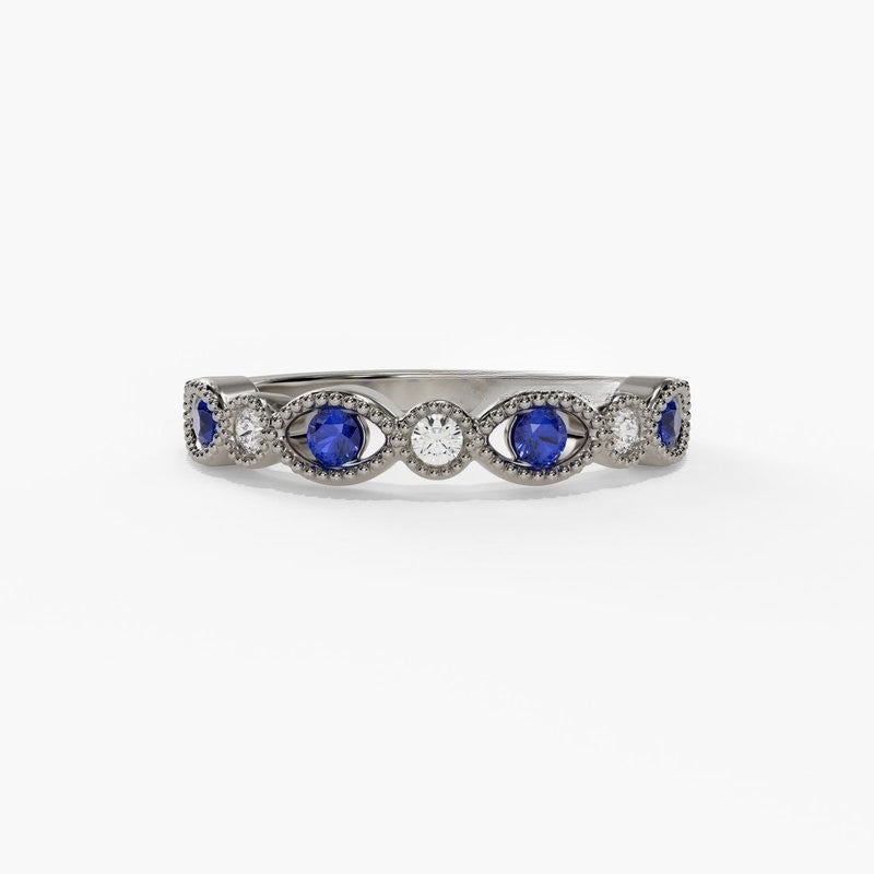 Milgrain Marquise Round Diamond Band Blue Sapphire