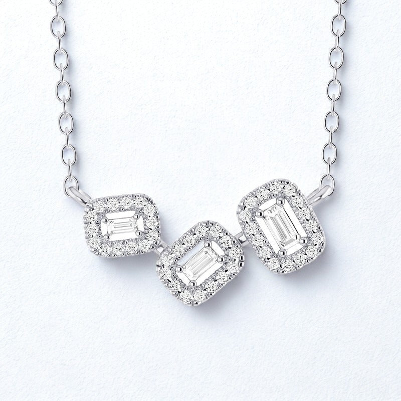 0.22 Carat Emerald Cut Diamond Halo Necklace in 14K White Gold